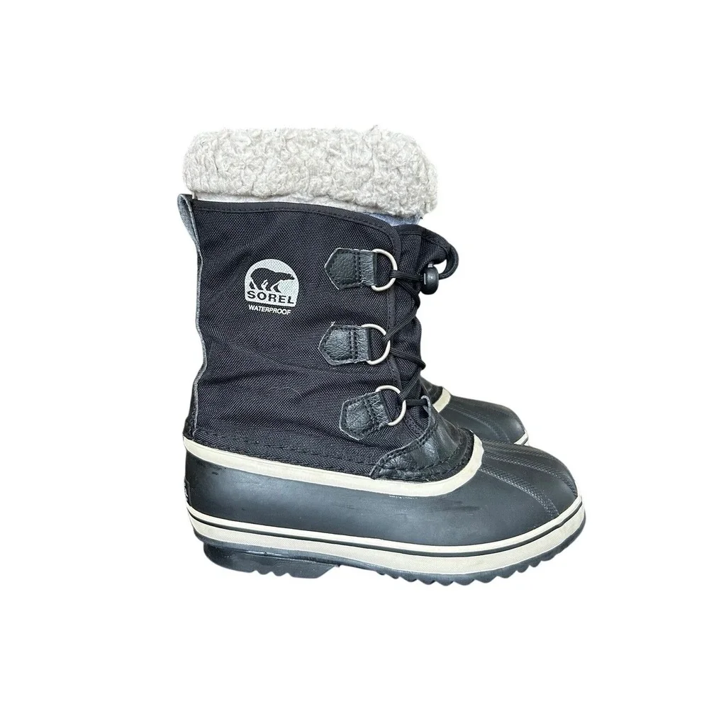 Sorel 1964 Pac Nylon Waterproof Winter Snow Boots Black Sherpa Cuff Big Kids 4‎